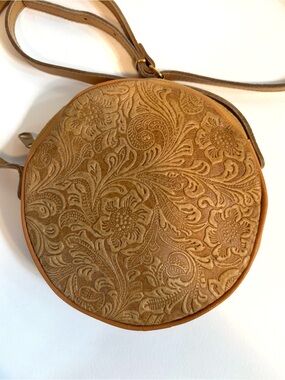 Vintage Tan Floral Embossed Boho Round Crossbody Leather Purse